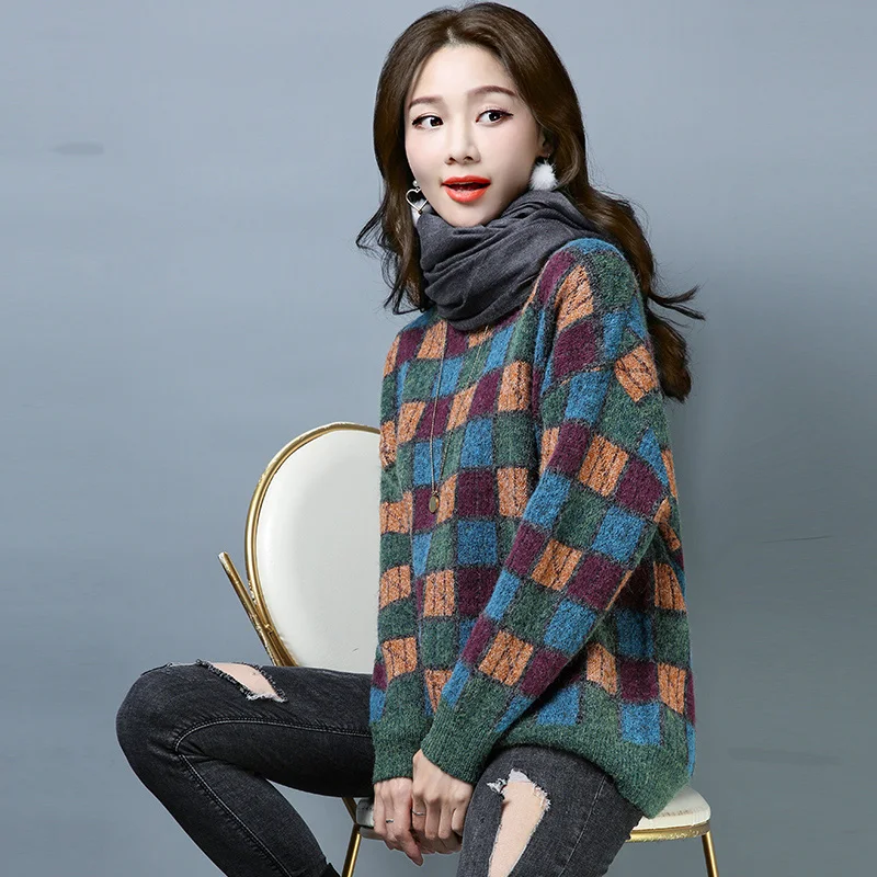

2019 spring and autumn round-neck colorful patchwork plaid sweater womens knitted sweater