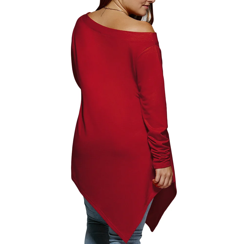 Wipalo размера плюс 5XL Рождественская Асимметричная футболка с косой шеей, Повседневная Рождественская футболка с длинным рукавом и открытыми плечами, женские топы Осень-зима