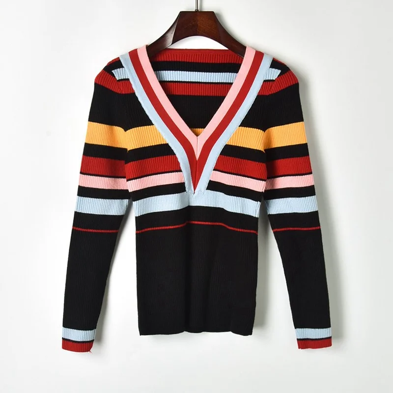 JOYDU Runway Sweet Pullover Women Sweater 2018 Newest Autumn Sexy V-neck Color Stripes Patchwork Casual Slim Knitted Jumper Top | Женская