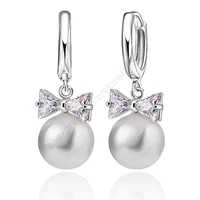 hot sell 925 sterling silver pearl earrings crystal earring accessories white pearl retro bow tie hoop earrings for women