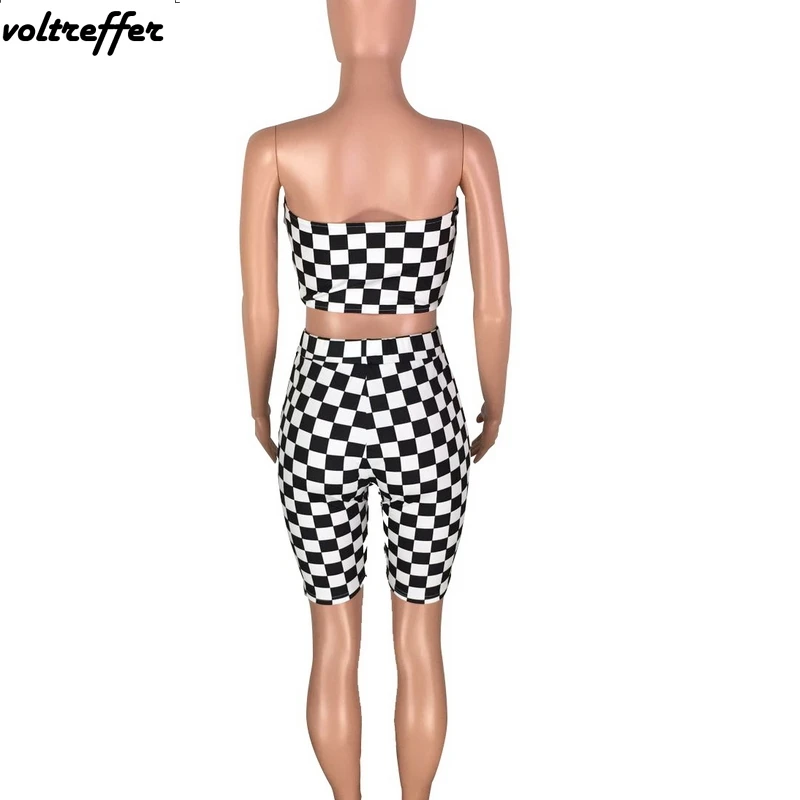 Black And White Plaid Print Strapless Playsuits For Women Two Piece Bandage Bodycon Bodysuit Knee Length Pants Suits Sexy Club | Женская