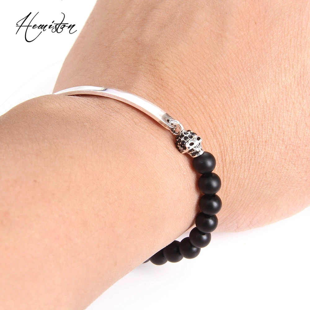 Томас Череп из бисера и черный обсидиан матовая шарик мост браслет штамп Rebel