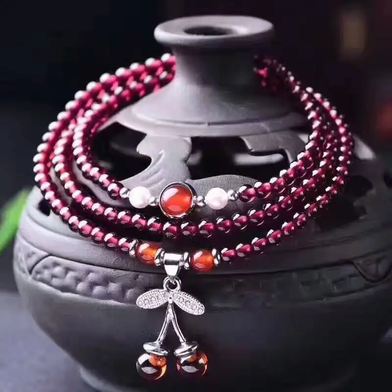Wholesale Red Wine Garnet Natural Stone Bracelet Tibetan silver Leaf Pendant Lucky for Women Beauty Multilayer Jewelry | Украшения и