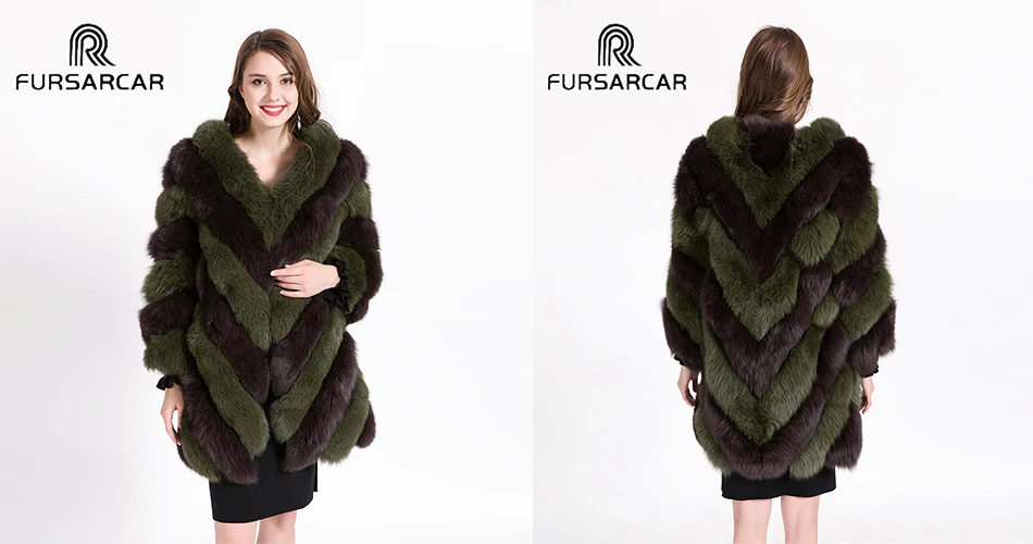 FURSARCAR Роскошные зимние Для женщин натуральный мех Натуральная длинный рукав женские комплекты с курткой для детей 80 см длинная полосатая ночная рубашка из натурального меха лисы пальто с лисьим мехом