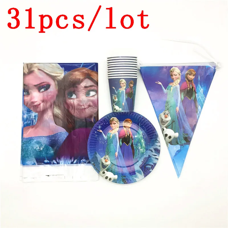 31 шт. disney Эльзы из мультфильма "Холодное сердце", Анна бумажный стаканчик, тарелка флаг Скатерть Baby Shower Семья вечерние Детские баннер на день рождения украшения питания