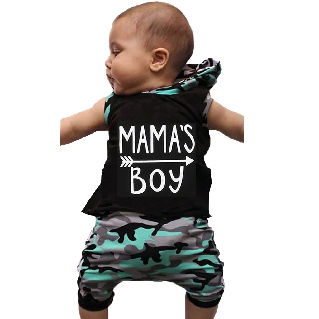 ISHOWTIENDA Baby Clothes Boy Letter Print Vest Hooded Tops+Camouflage Shorts Outfits Sets 4 Years |
