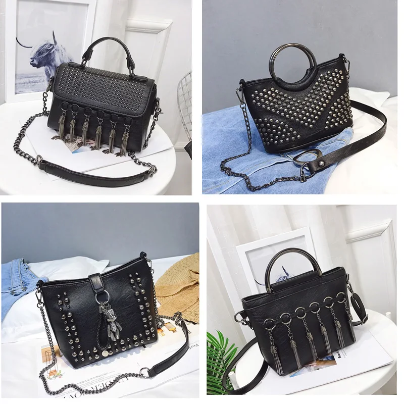 LYKANEFU дизайнерские сумки Для женщин Курьерские черный заклепки Tote на ремне дамы