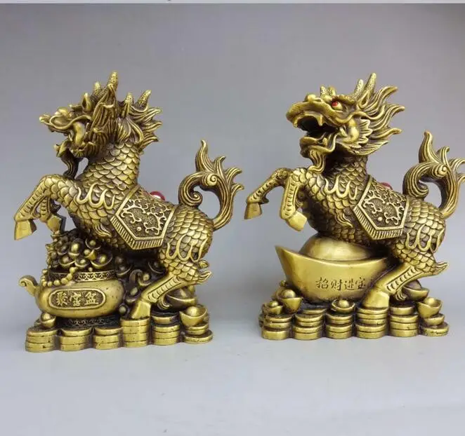 Китайский латунный Медь Feng Shui резной охранник зла Kylin QiLin пара статуй зверей | Дом