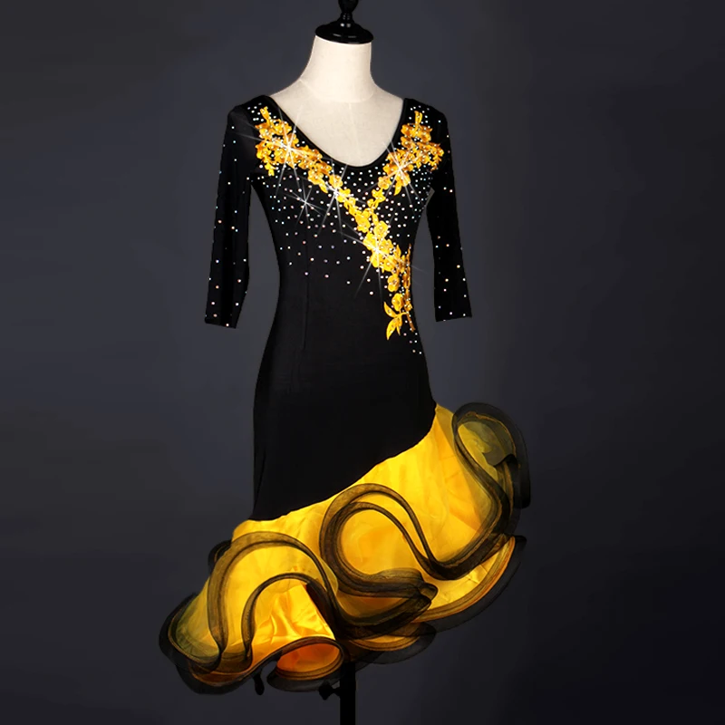

Sexy Latin Dance Dress For Women Rhinestone Salsa Samba Cha Cha Competition Dresses Yellow Ballroom Rumba Dancing Wear DC2496