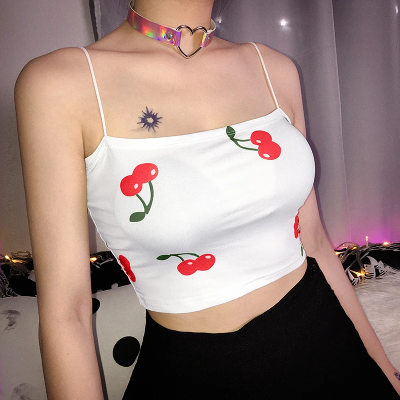HEYounGIRL Harajuku Повседневный сексуальный топ на бретельках, черный милый укороченный топ с принтом, повседневные топы на бретельках с открытой спиной, футболки, летняя уличная одежда