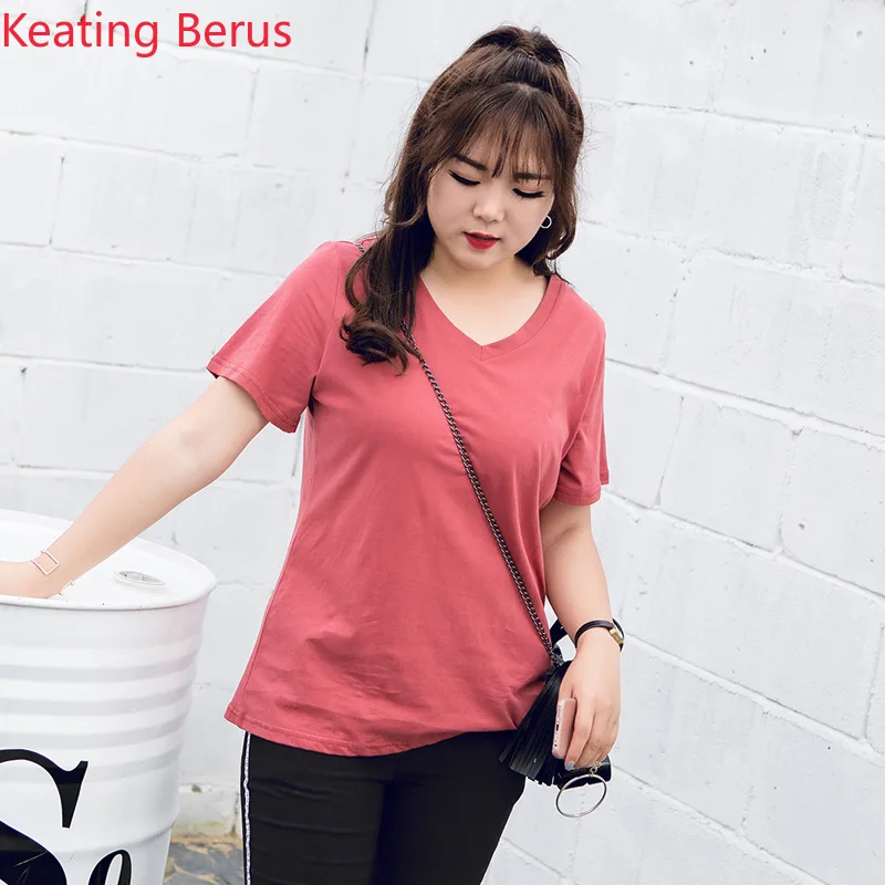 Keatingberus Women's Large Size Summer Short-sleeved Solid Color shirt Loose 7 5XL Top 0683 |