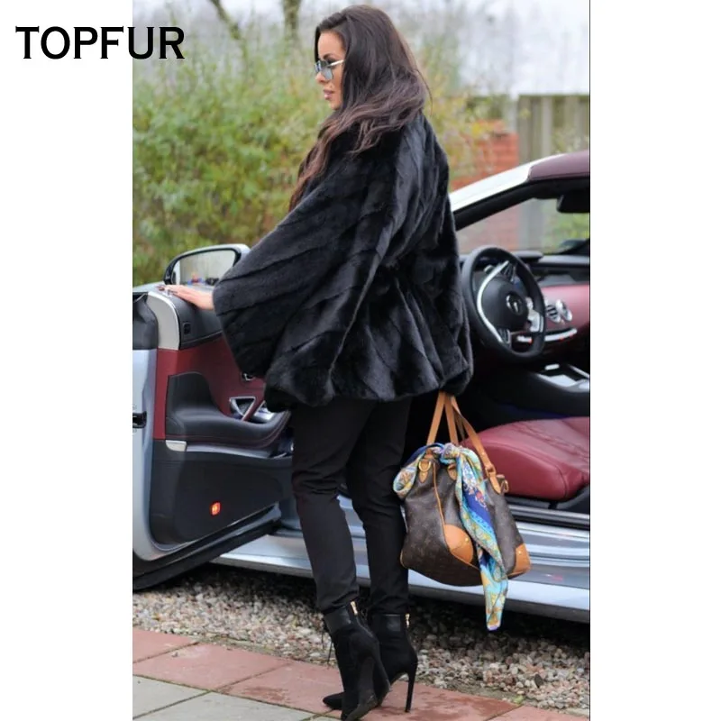TOPFUR 2021 New Bat Type Real Mink Fur Coat Long Black Natural Mink Fur Coats Lapel With Belt Whole Skin Fur Warm Winter Outwear