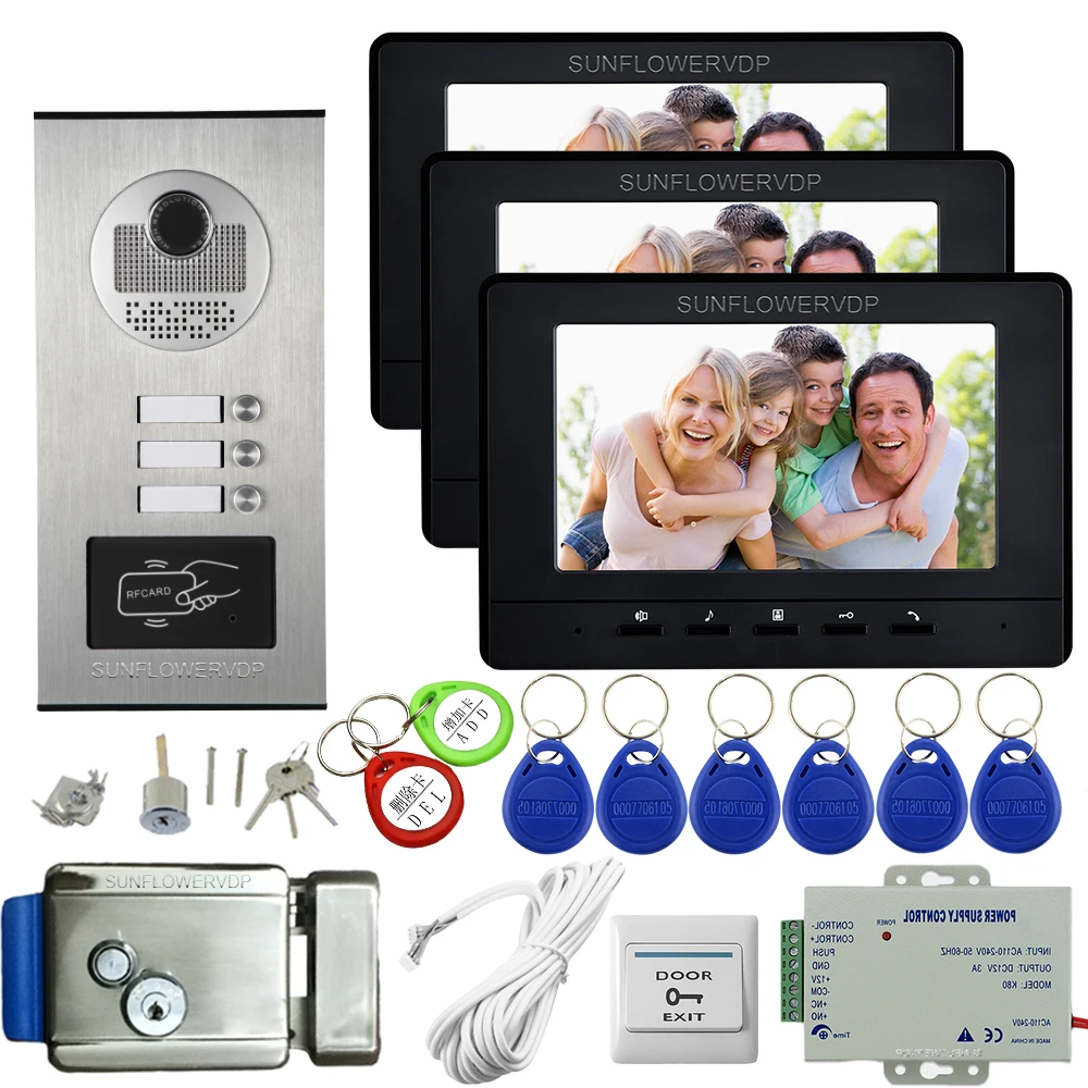 Video Intercom voor 3 Appartementen Toegangscontrole 7inch Kleur Housephone naar Huis Bell System Video Intercom + Elektronische Deur lock