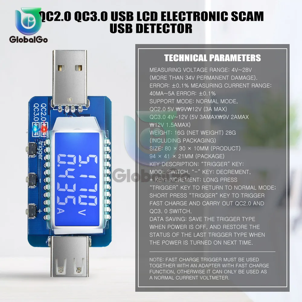 QC3.0 QC2.0 4 V-28 V Электрический афера Мощность триггер ЖК-дисплей цифровой детектор USB