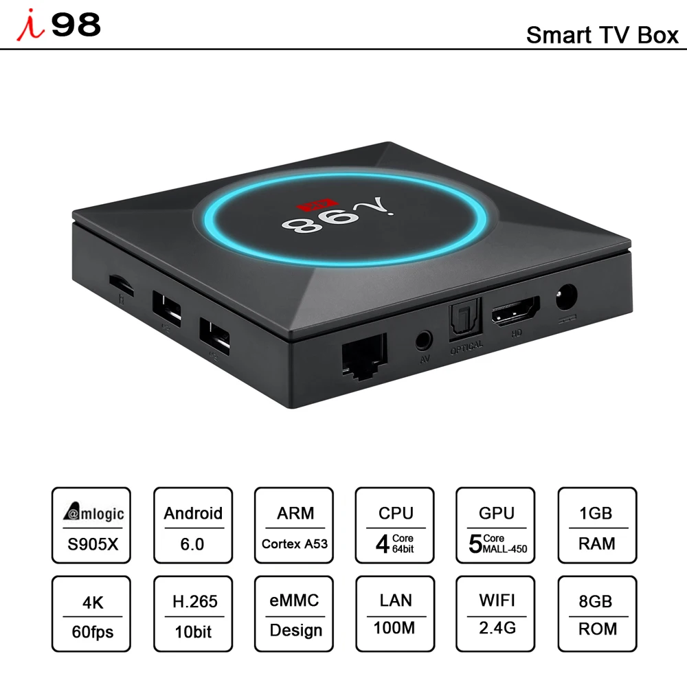 I98 PRO Amlogic S905X Smart Android 6,0 tv Box 1 ГБ 8 ГБ/2 ГБ 16 ГБ H.265 4K UHD медиаплеер 2,4 ГГц WiFi VP9 HDR10 телеприставка