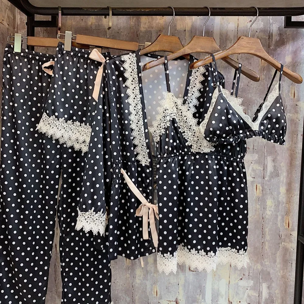Для женщин пижамы 5 шт. атлас Pijama Шелковый Домашняя одежда домашняя вышивка сна Lounge комплект