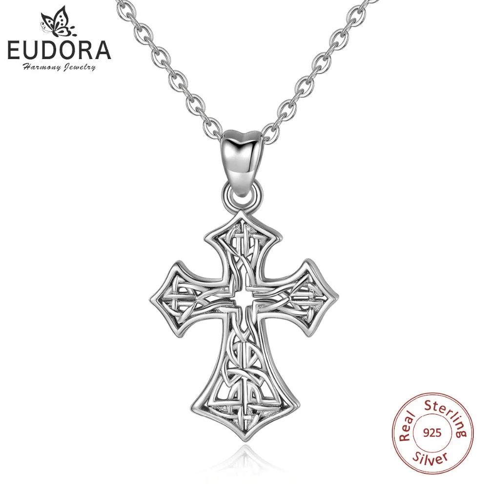 

EUDORA 100% 925 Sterling Silver Celtic knot Cross Pendant Necklace Luck Charm Fine Jewelry Girl Boy Birthday Surprise Gift D281