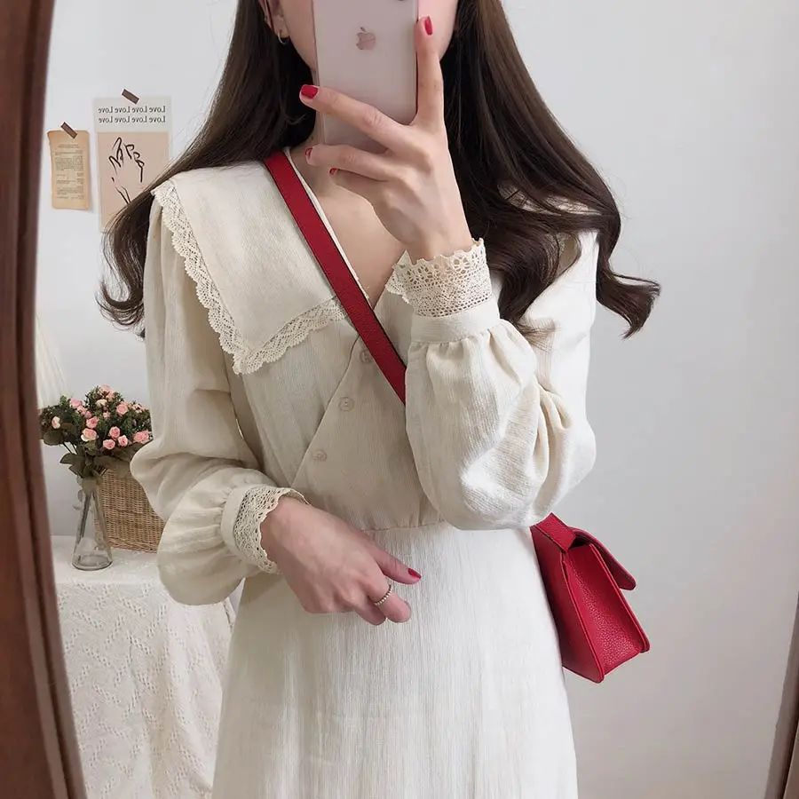 Коллекция года, Новое поступление, S-XL-весеннее кружевное платье для девочек, повседневное, бохо, OL, повседневное, синее, с длинным рукавом, женские платья, женское платье, брекеты, robe Femme Vestido