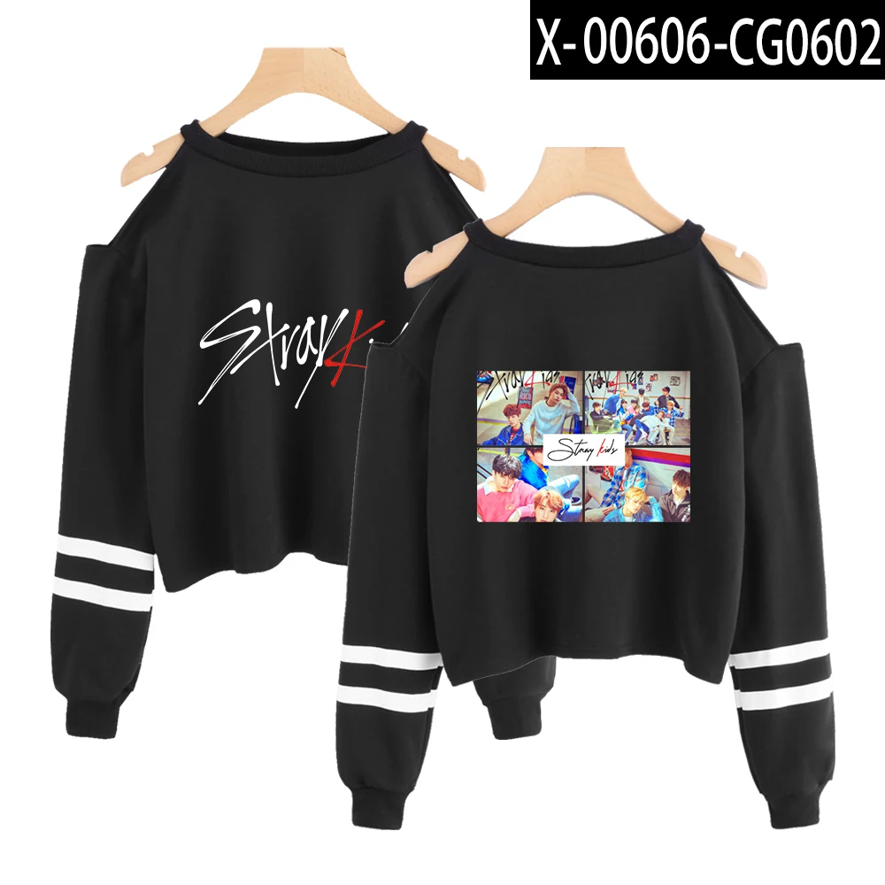 Stray Kids/Модная укороченная Толстовка Kpop для женщин; толстовки с длинными рукавами и открытыми плечами; Лидер продаж года; Повседневная Уличная одежда - Цвет: black