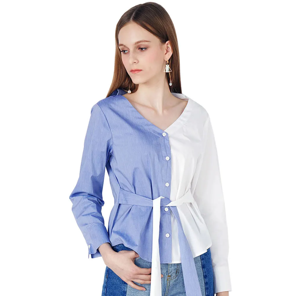 Блузка женская свободного покроя с поясом Повседневная рубашка в стиле пэчворк