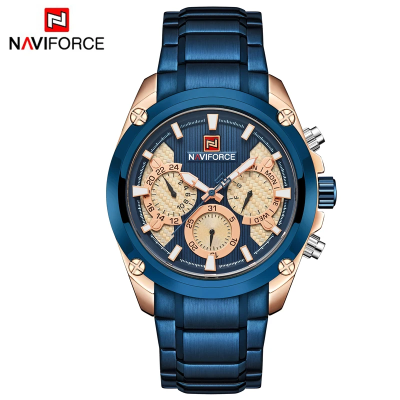 Топ бренд класса люкс NAVIFORCE синие золотые часы мужские модные спортивные