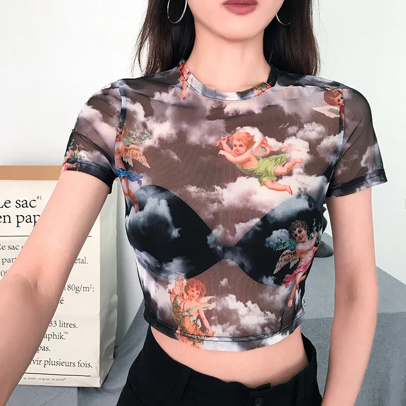Коллекция 2019 года Harajuku сетчатый топ футболки с короткими рукавами женская