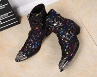 mixed color men high top england style pointed toes dress shoes summer side zipper lace up rivet breathable dress boots