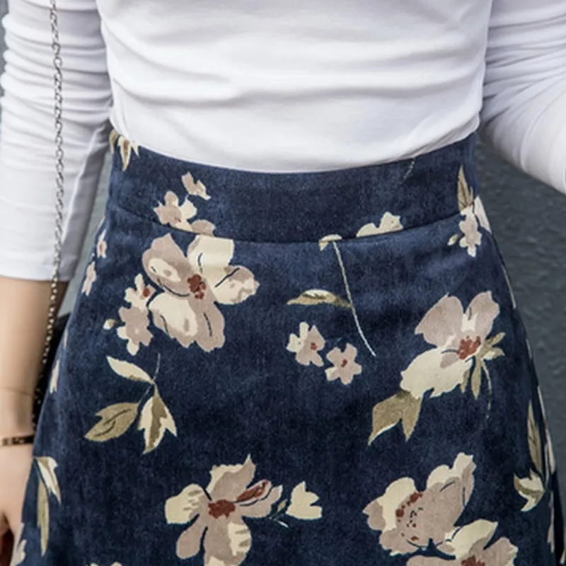 EXOTAO Floral Printed Long Saia Female High Waist Elegant Midi Ladies Skirts Ruffle Hem A-Line Warm Faldas Mujer Fashion Winter | Женская