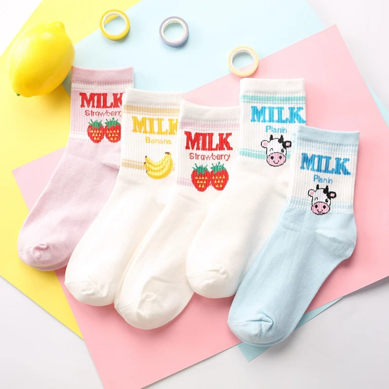 Kawaii жаккардовые фрукты Клубника молочный розовый/белый женские носки японские