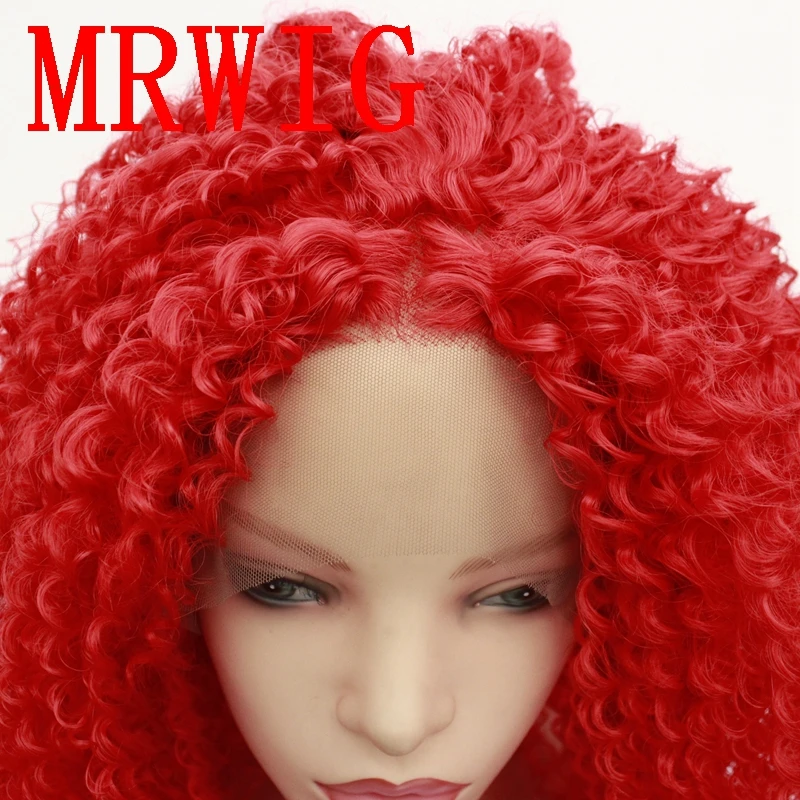 MRWIG 18in Red Hair Color Middle Part Kinky Curly Synthetic Lace Wig Heat Resistant Fiber African Americans | Шиньоны и парики