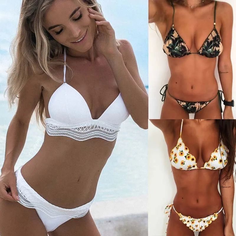 Сексуальный однотонный бикини на шнуровке женский купальник с цветочным принтом
