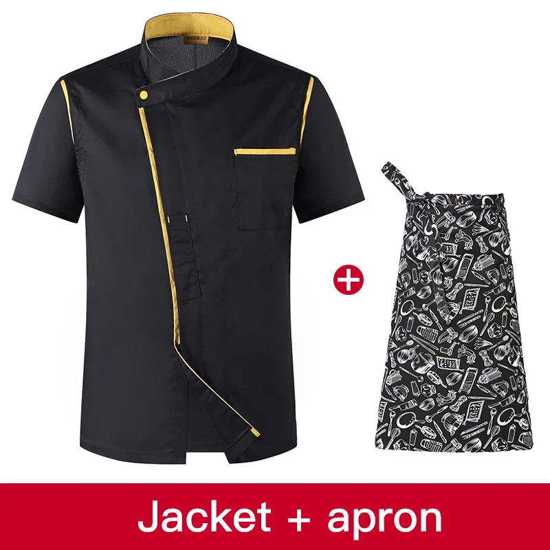 High Quality unisex Short Sleeve Chef uniform Restaurant Hotel Kitchen Workwear Breathable chef apron jacket M-4XL cooking shirt - Цвет: jacket apron