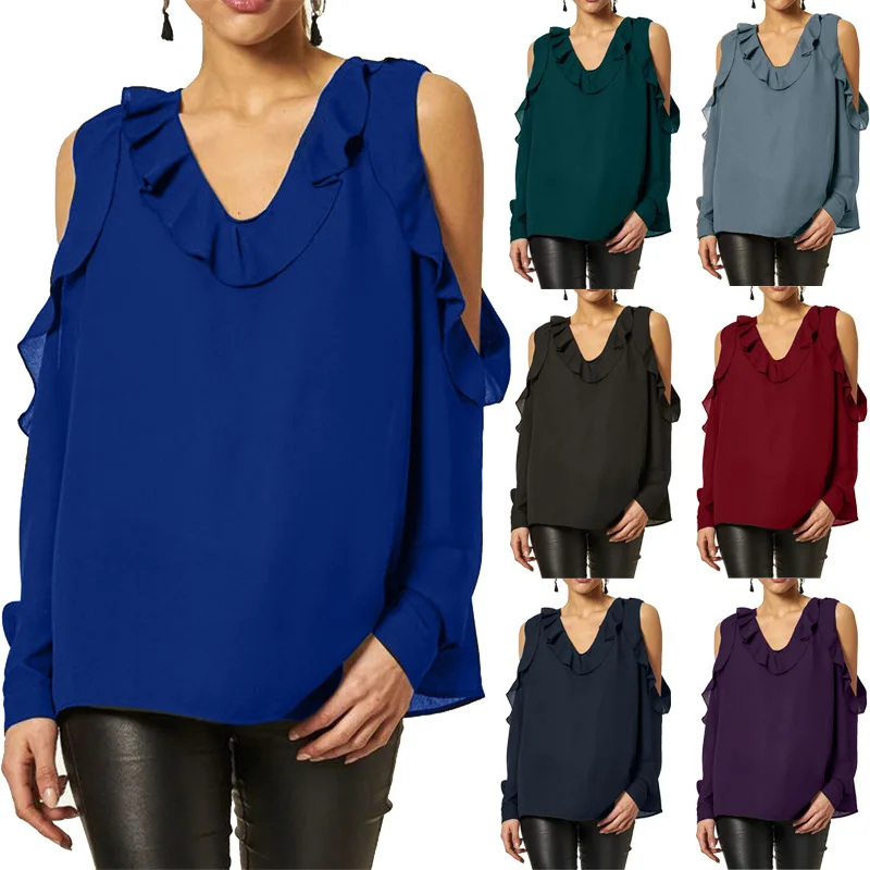 

S-2XL women pure color long sleeve women tops casual leisure women shirts chiffon shirt off shoulder top