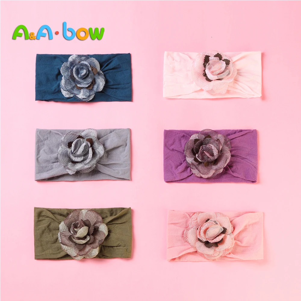 Diadema lisa de flores para beb&eacute;, bandas para la cabeza de nailon para ni&ntilde;a, turbante rosa para fiesta de reci&eacute;n nacido, accesorios para el cabello-0