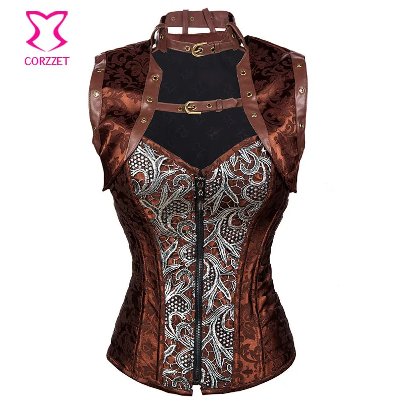 Corzzet Brown Brocade Steel Boned Corset With Jacket Waist Slimming Zipper Plus Size Steampunk Corsets And Bustiers