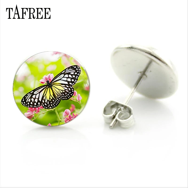 TAFREE Brand Beautiful Butterfly Art Patterns Stud Earring Glass Cabochon Dome Earrings for Women Girls Fashion Jewelry JS135 | Украшения и