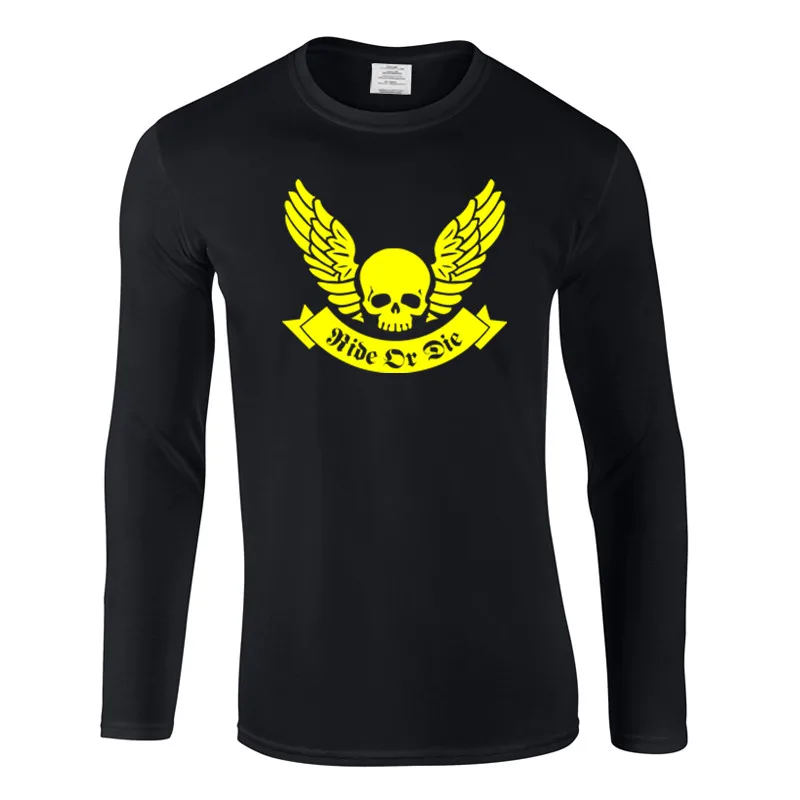 

Модная мужская футболка RIDE или DIE с принтом черепа, крыльев, ленты, Хлопковая мужская футболка с круглым вырезом и длинными рукавами, Мужская футболка, оптовая продажа