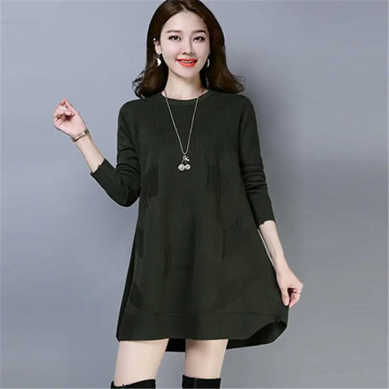 

2019 Spring Autumn Oversize Women Tops O-Neck Pleated Kint Dress Female Casual Long Sleeve Outcoat Pullover Sweaters Vestidos 46