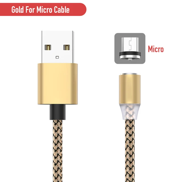Магнитный светодиодный кабель в оплетке type-C Micro USB Магнитный usb кабель для зарядки Apple iphone X 7 8 6 Xs Max XR samsung s9 шнур - Цвет: Gold for Micro
