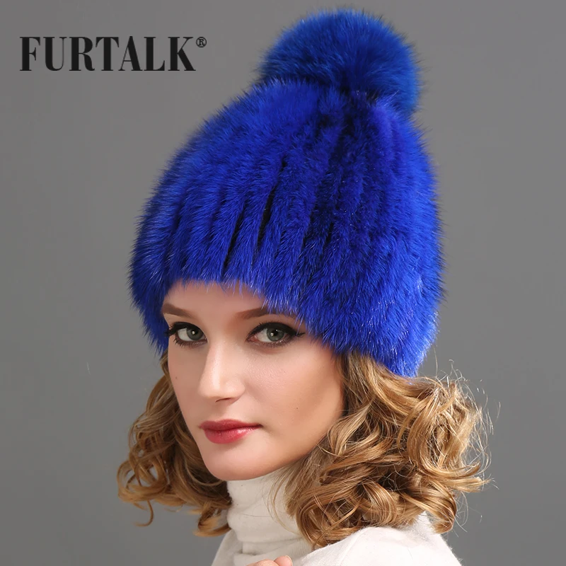 FURTALK ручной вязки естественно норки чернобурки меховые кисточки меховая шапка