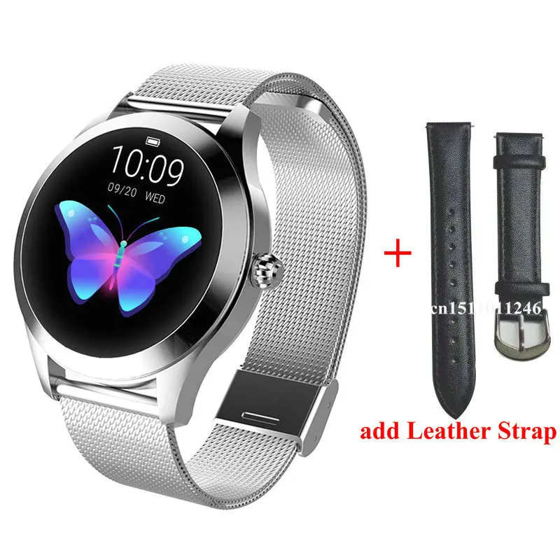 add leather strap KW10 Смарт-часы для женщин IP68 Водонепроницаемый мониторинг сердечного ритма Bluetooth для Android IOS фитнес-браслет умные часы - Цвет: add leather strap