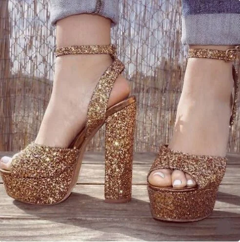 Sexy Black Sparkle Platform Heels Women Square Sandals Cut-out Peep Toe Ankle Strap Glitter Wedding Shoes Bride Plus Size | Обувь