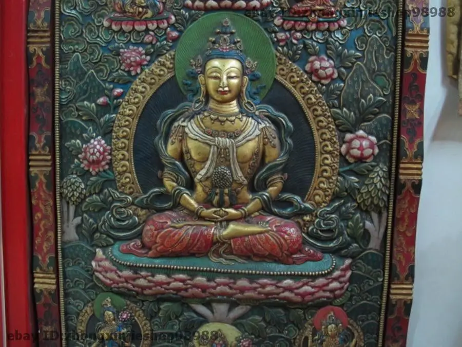 free shipping Tibet Buddhism Fane Wood Carved Painted Amitayus longevity Buddha TangKa Screen | Дом и сад