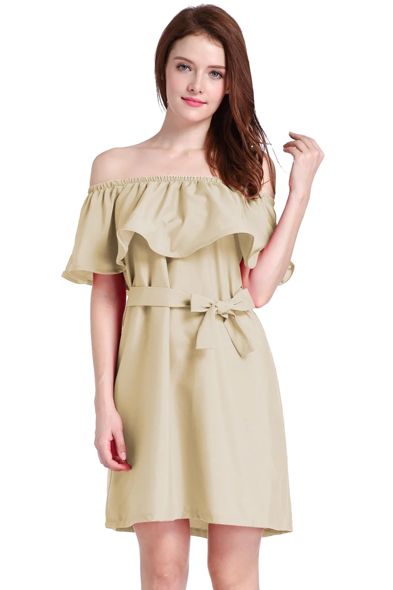 

Hot sale Fashion women Summer strapless Sexy Slash Ruffled Strapless Backless the beach style big size Solid color dress
