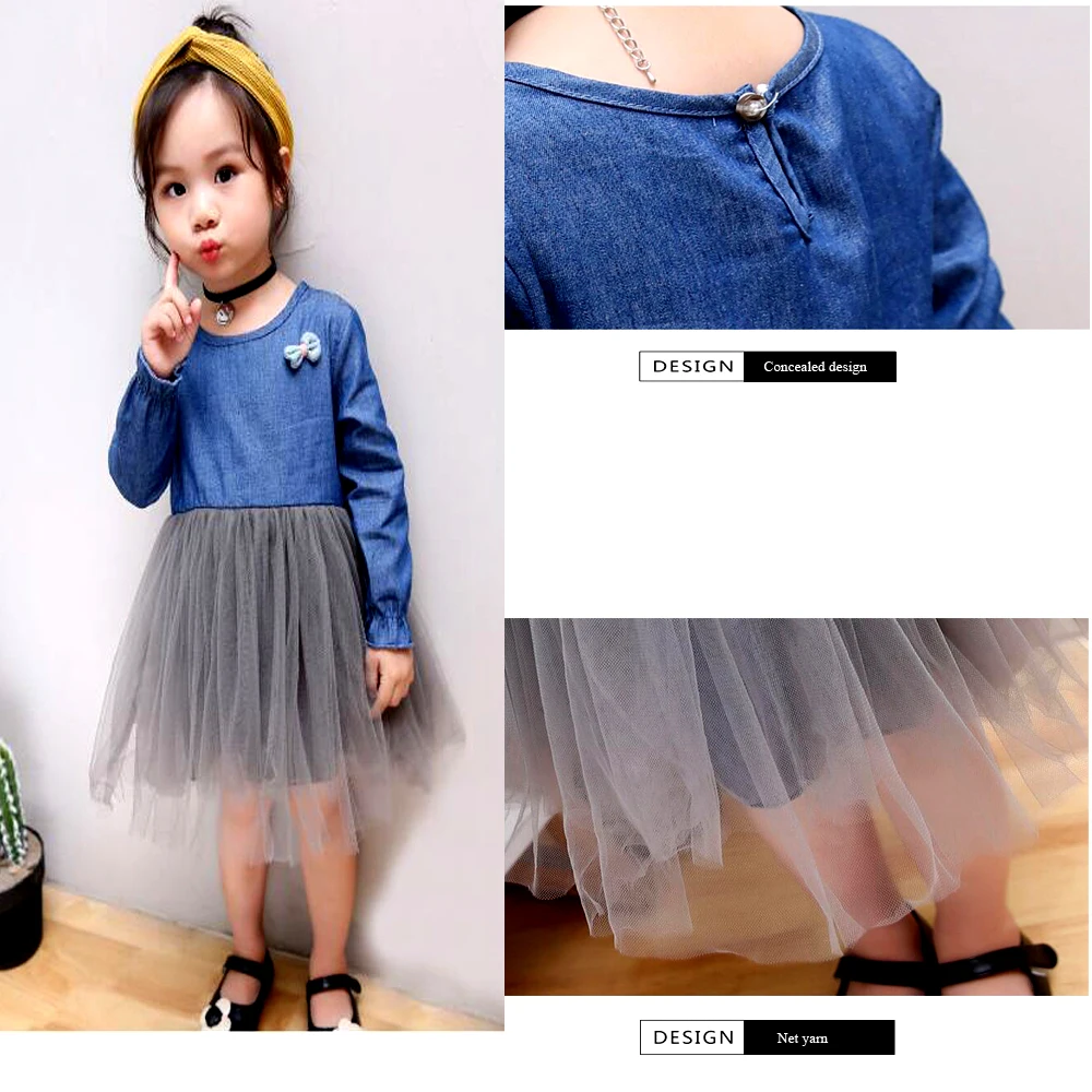 Spring and autumn new children's long-sleeved dress girls cowboy mesh princess | Детская одежда и обувь