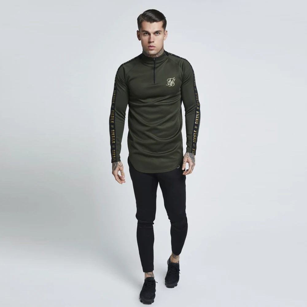 New Fashion Men Sik Silk Embroidery Solid Color Elastic T shirt High Zipper Collar Elastic Long-Sleeved Men Slim Casual T-shirts