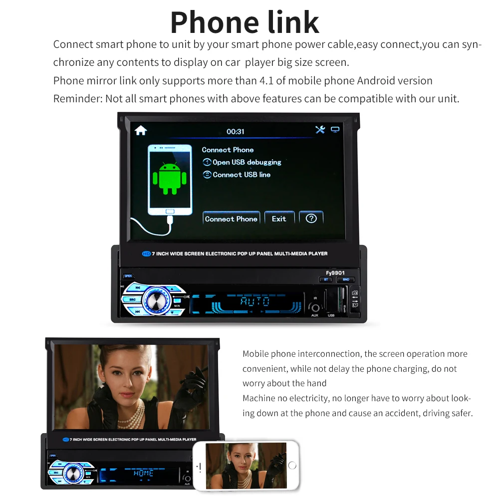 Bluetooth 7 дюймов 1Din моторизованный всплывающий/вытяжной сенсорный экран