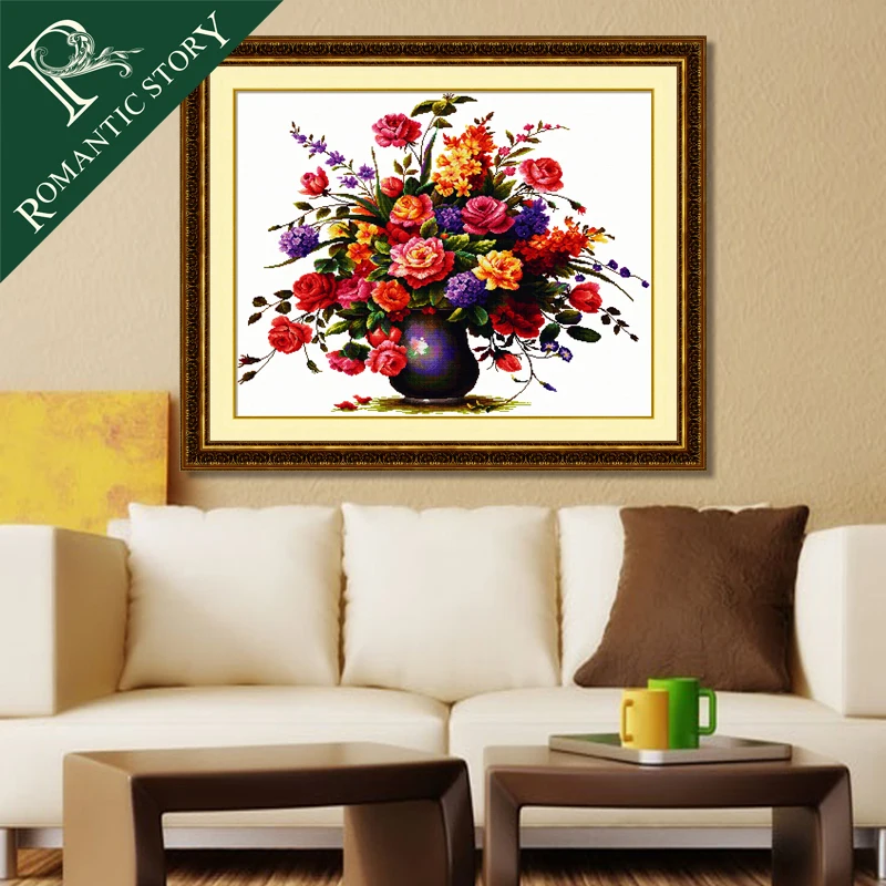 

Romantic Story Needlework Rose Flower Purple Vase Paintings Counted DIY Cross Stitch Cotton Fabric Embroidery Cross Stitch Kits