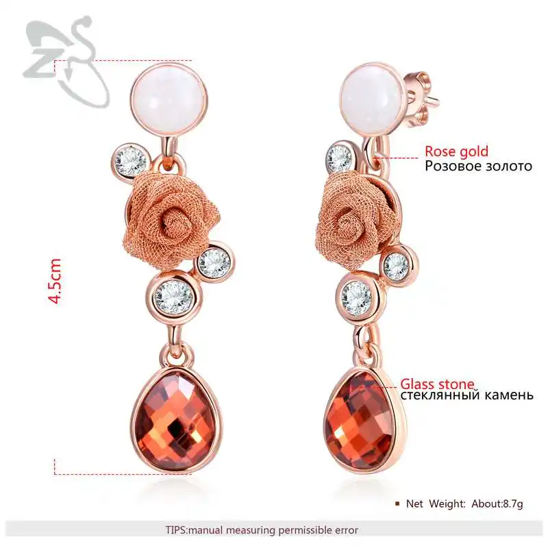 ZS Crystal Drop Earrings Jewelry Flower for Women Vintage Rose Gold Dangle Earring Glass Stone boucle d'oreille femelle | Украшения и