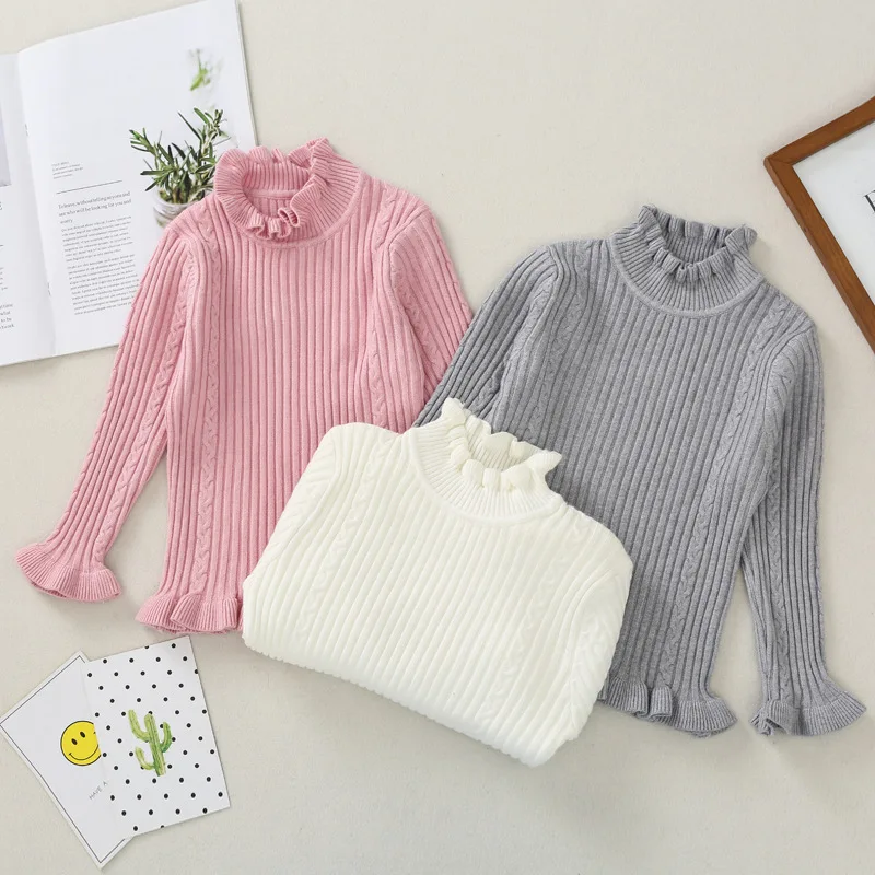 

Rlyaeiz 2019 New Girls Sweaters Spring Korean Fashion Ruffles Sweater For Girls Casual Kids Pure Color Knitted Pullovers 4-11Y
